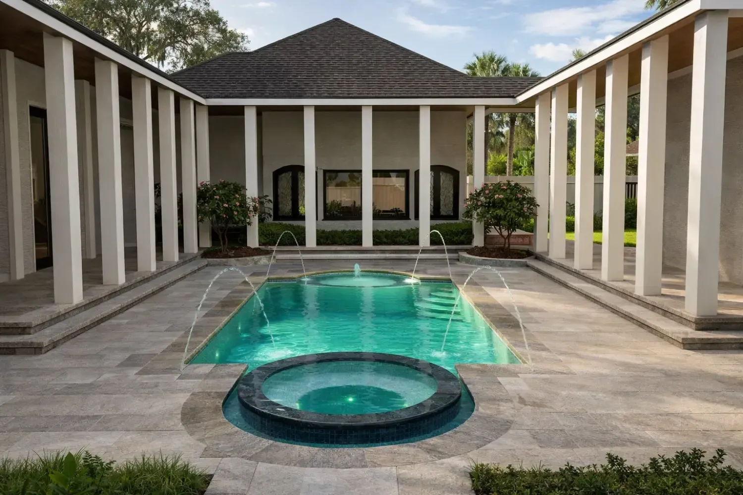 A rectangular swimming pool with a circular spa in a courtyard surrounded by a house with white pillars and a dark roof.
