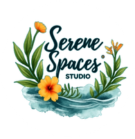 Logo for Serene Spaces Studio featuring the brand name in a script font above watercolor-style flowers and blue water.