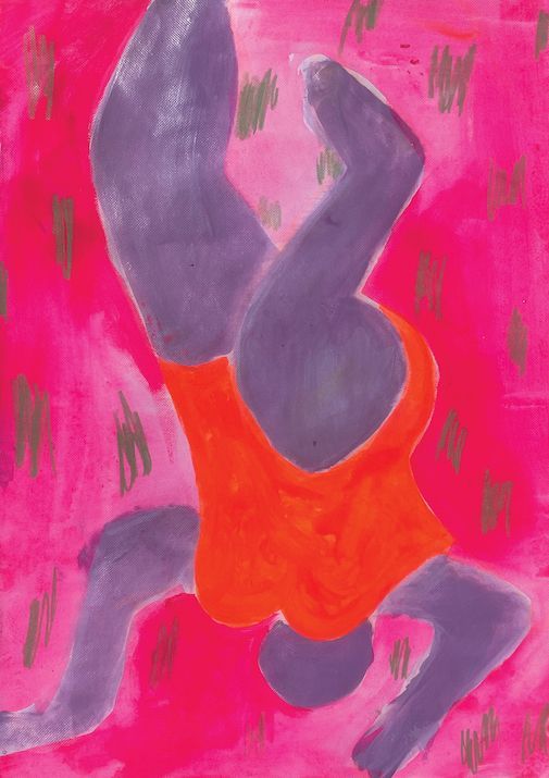 Contemporary figurative art on paper by female artist Nadine Mahoney. One of a kind colourful, painting exploring female gaze by emerging London based artist.