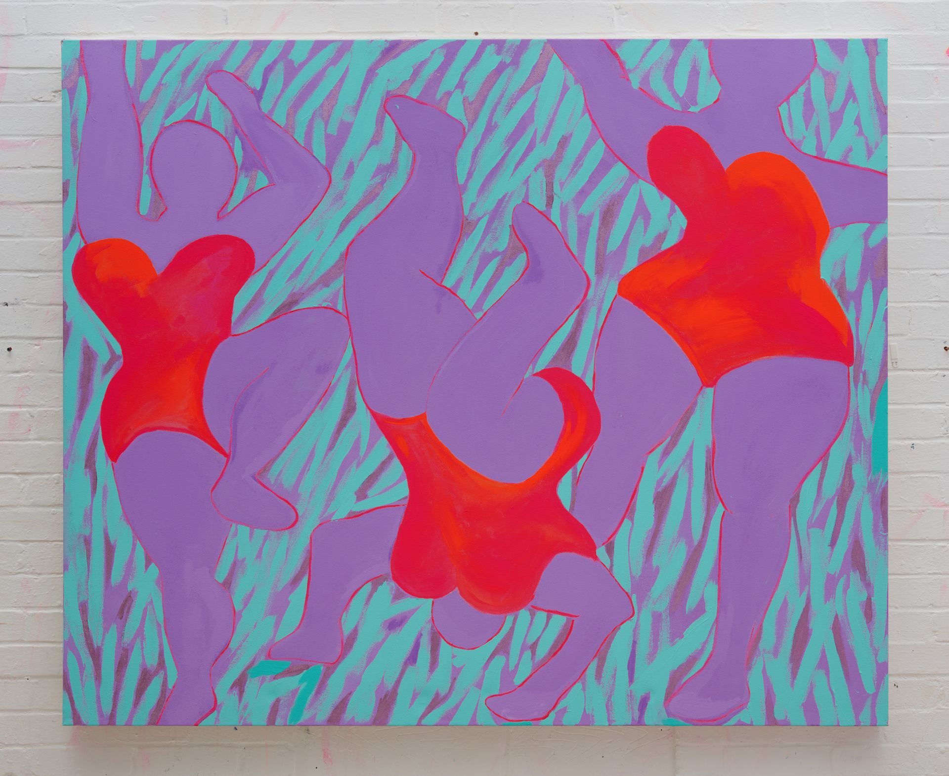 Large contemporary figurative art by female artist Nadine Mahoney. One of a kind colourful, painting exploring female gaze by emerging London based artist.