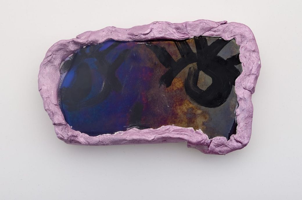 Mixed Media Painting on fused glass, with airdry clay and metallic paint