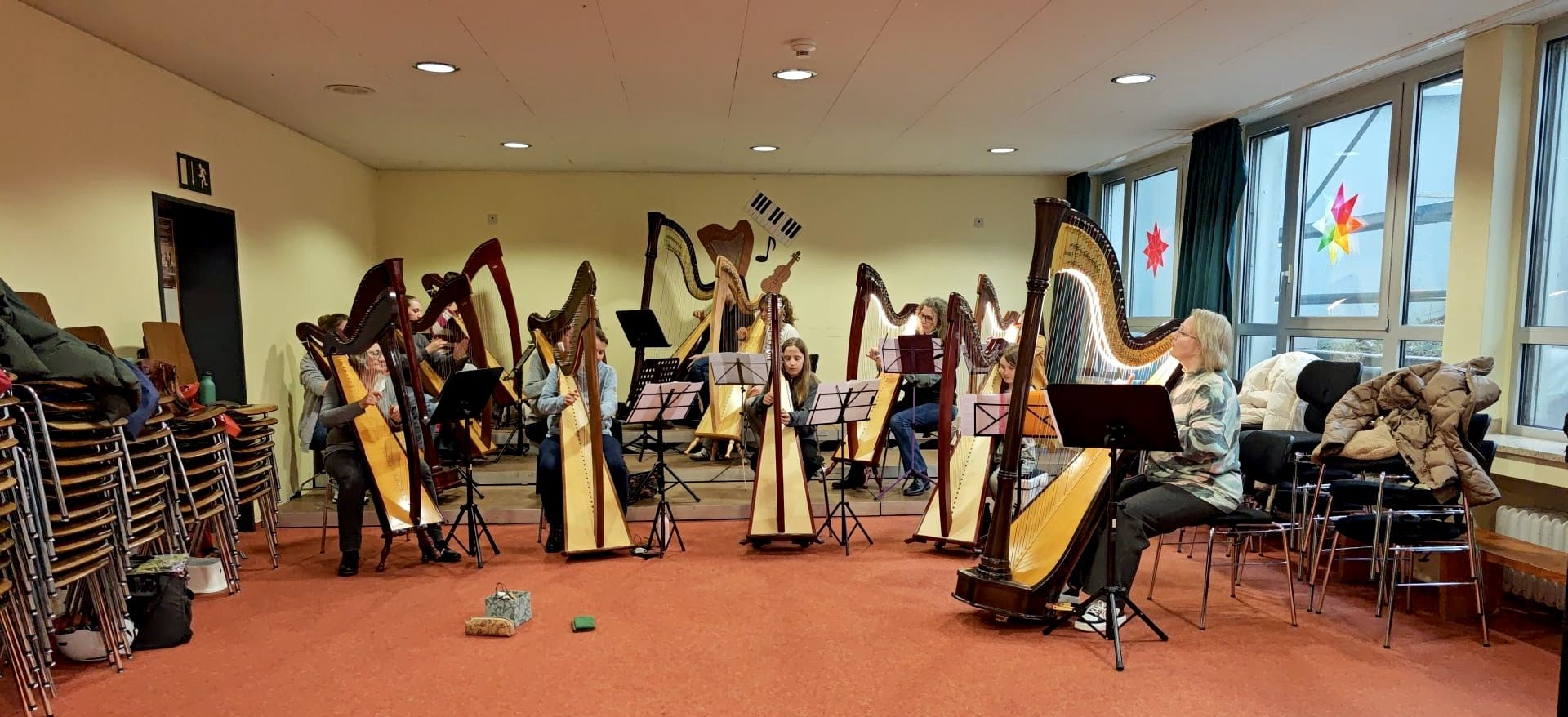 In einem Raum mit rotem Teppichboden sitzen elf Harfenspielerinnen und Harfenspieler mit ihren Instrumenten.