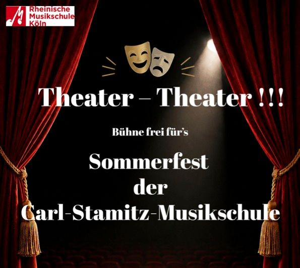 DasPlakat zeigt einen geöffneten Samtvorhang davor zwei Masken 