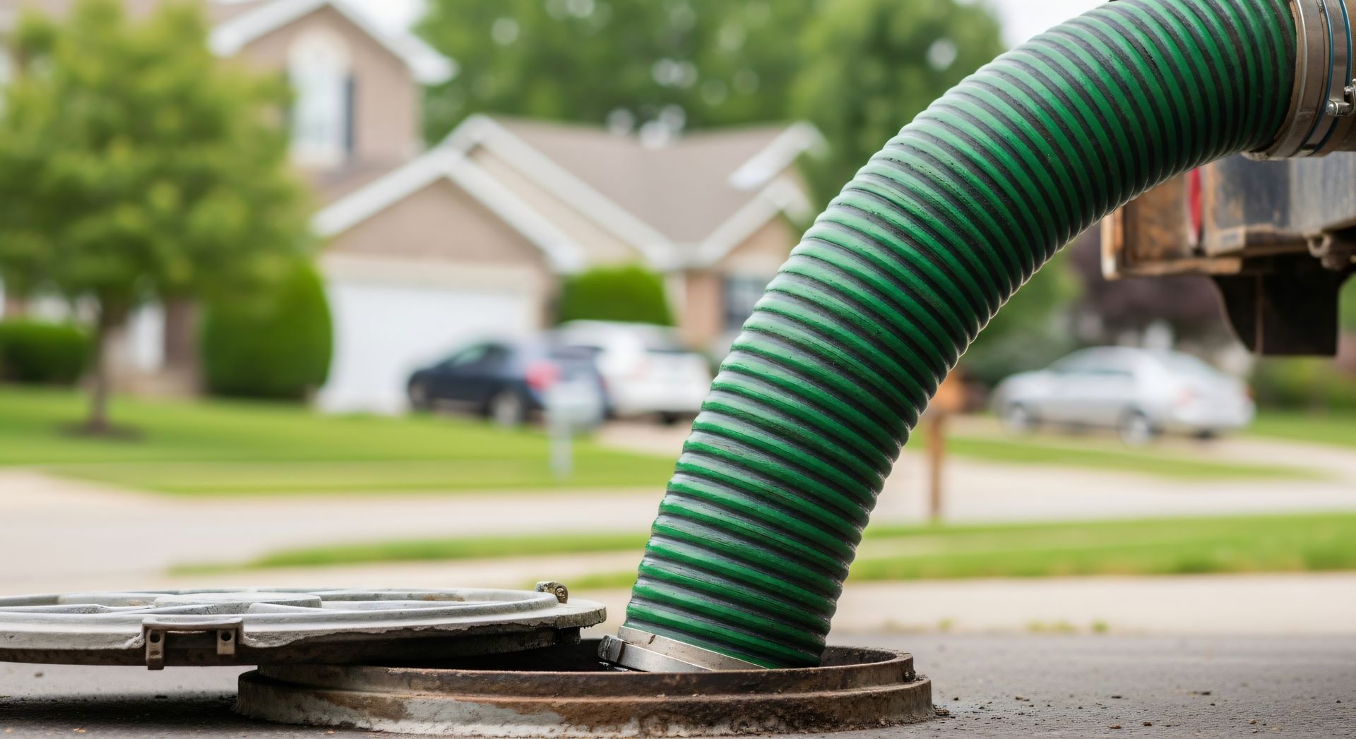 Large green hose connected to an open outdoor tank in a residential area.