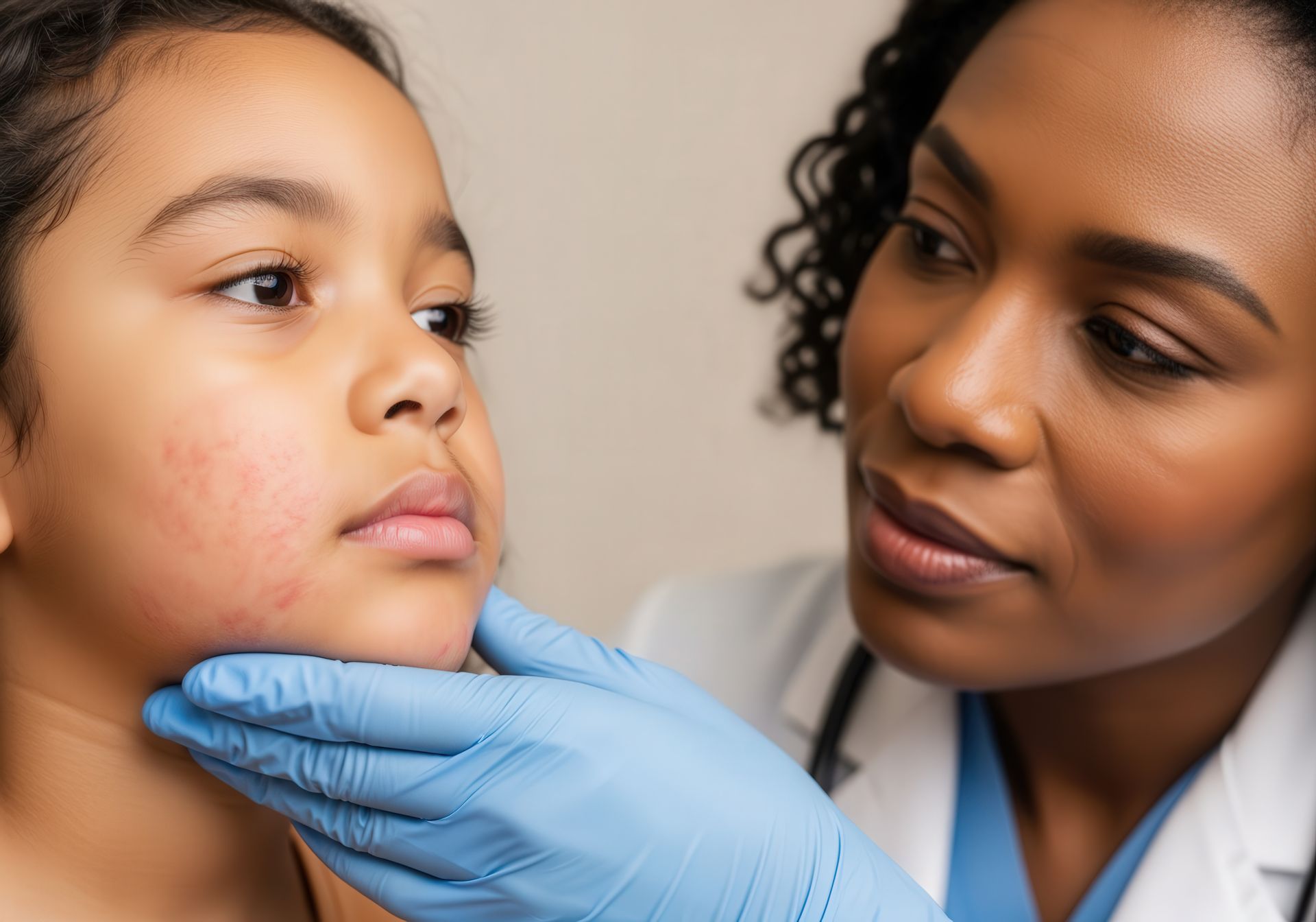 Female doctor examines child’s skin, showcasing trusted dermatology services for pediatric needs.