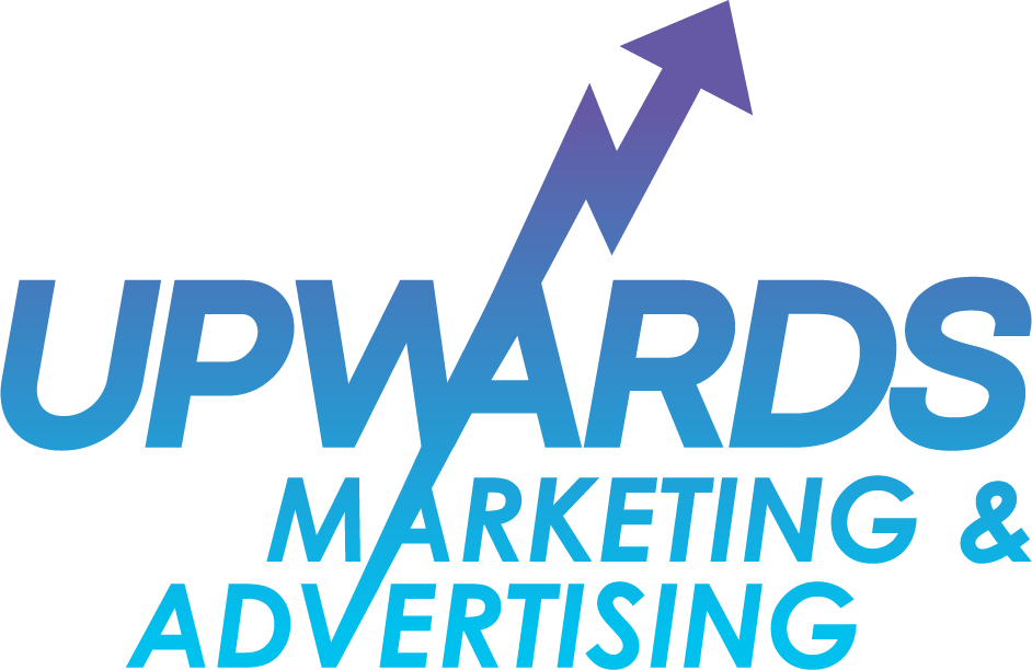 A logo for upwards marketing and advertising with an arrow going up.