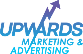 A logo for upwards marketing and advertising with an arrow going up.
