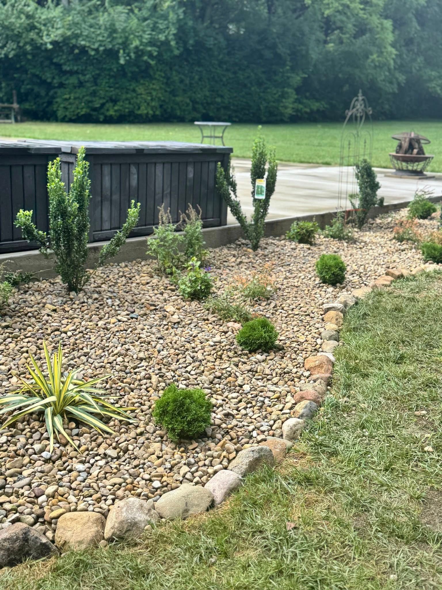 Rock garden with various plants, a dark wood barrier, and a green lawn in the background.