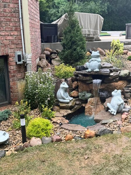 Backyard pond with three frog statues, small waterfall, and landscaping.