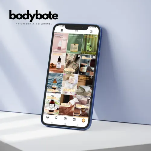 Referenz Social Media Strategie & Content Erstellung für bodybote (Handy mit Social Media Präsenz von bodybote) 