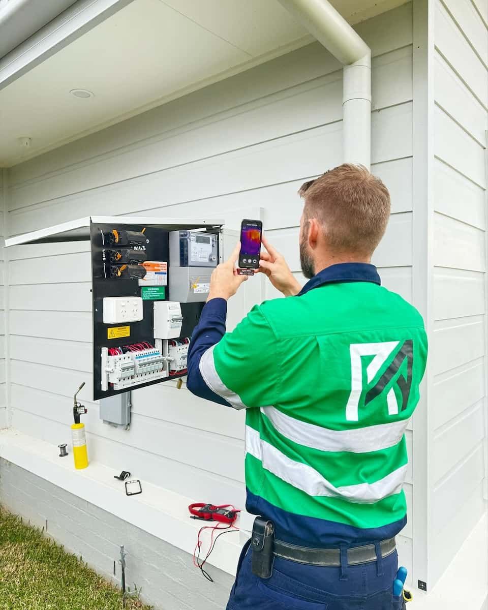 A Man In A Green Shirt Is Taking A Picture Of An Electrical Box — Rid-Arc Electrical In Tamworth, NSW