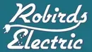 Robirds Electric logo in white script over teal; a plug replaces the "i" in "Robirds".
