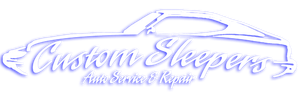 A logo for a company called custom sleepers with a truck on it.