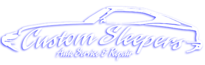 A logo for a company called custom sleepers with a truck on it.