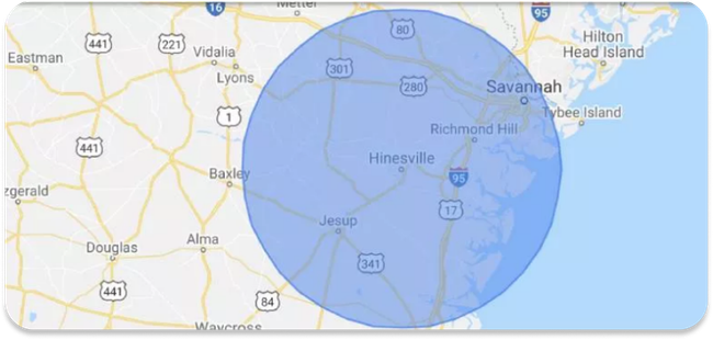 Shingle Pros USA service area map - Savannah, GA and surrounding areas