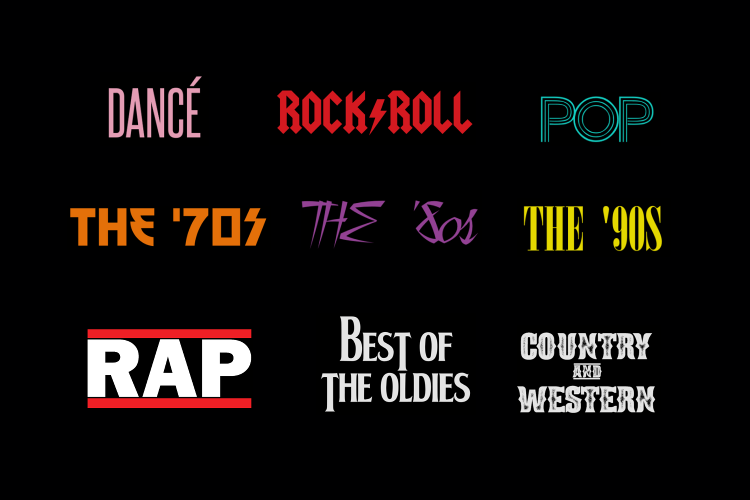A black background with the words dance rock roll pop rap country and western