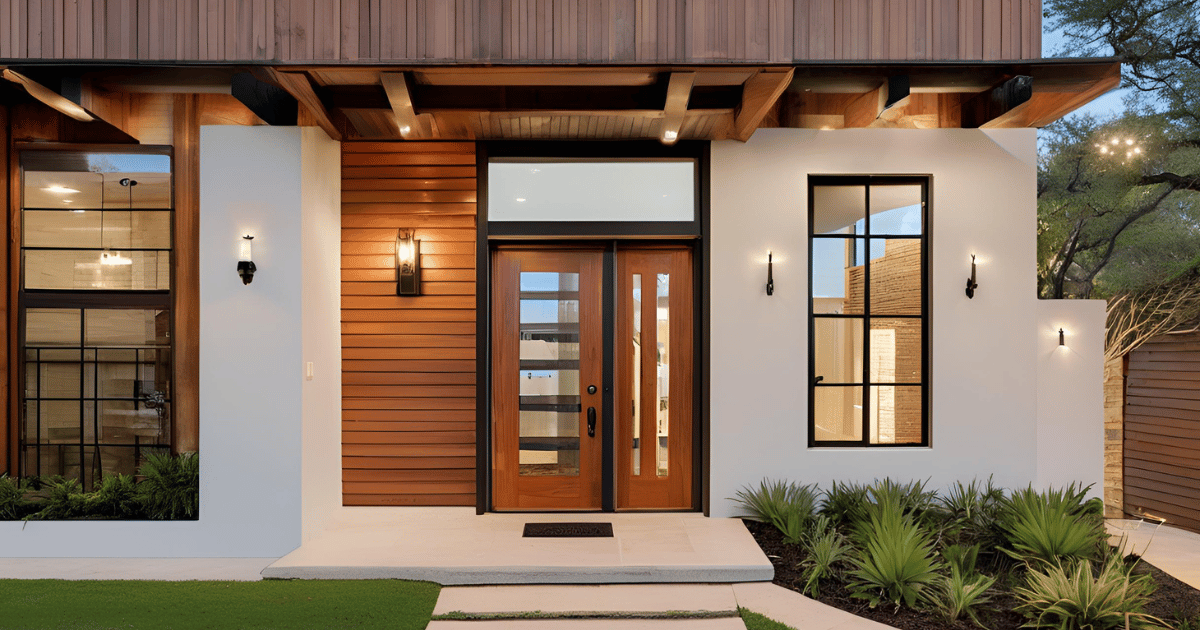 The front of a modern house with a wooden door and windows.