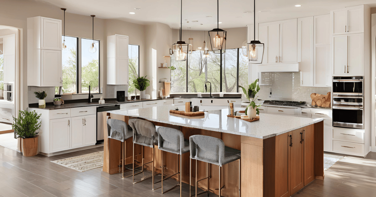A kitchen with white cabinets , stainless steel appliances , and a large island.