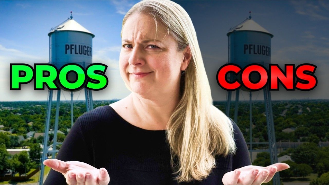 Woman with a perplexed expression standing before two water towers labeled 