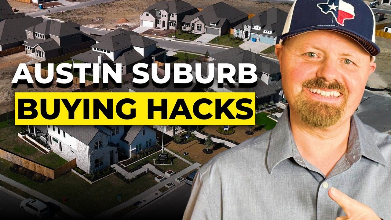 Man pointing at camera with an aerial view of suburban Austin, TX homes, text reads