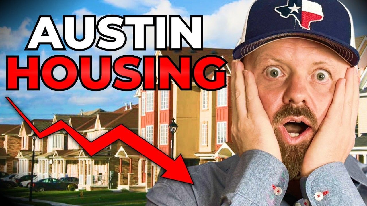 Man with shocked expression and Austin housing graphic, red arrow pointing down.