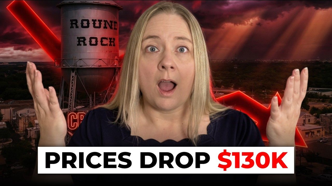A woman with a surprised expression in front of a Round Rock water tower and a red price drop arrow, with text