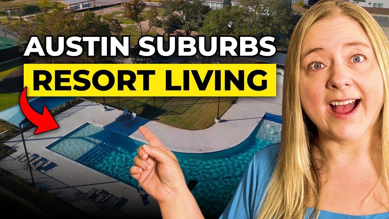 Woman points at a pool in a suburban area, video title: 