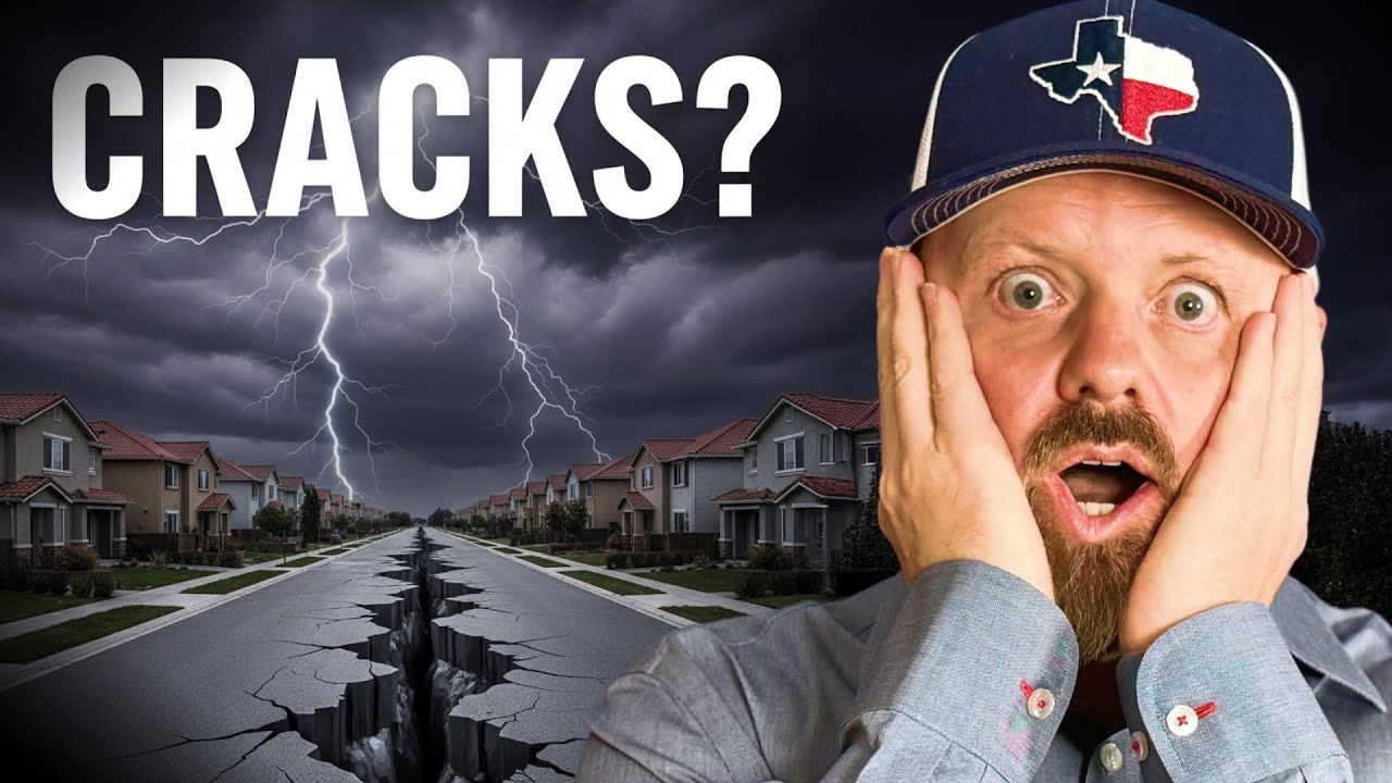 Man with startled expression, hands on face, road with large crack, lightning, houses,