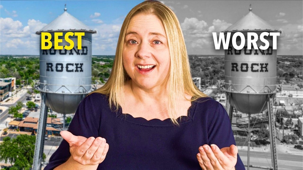 Woman in blue shirt gestures between two Round Rock water towers, one in color (BEST), the other in grayscale (WORST).