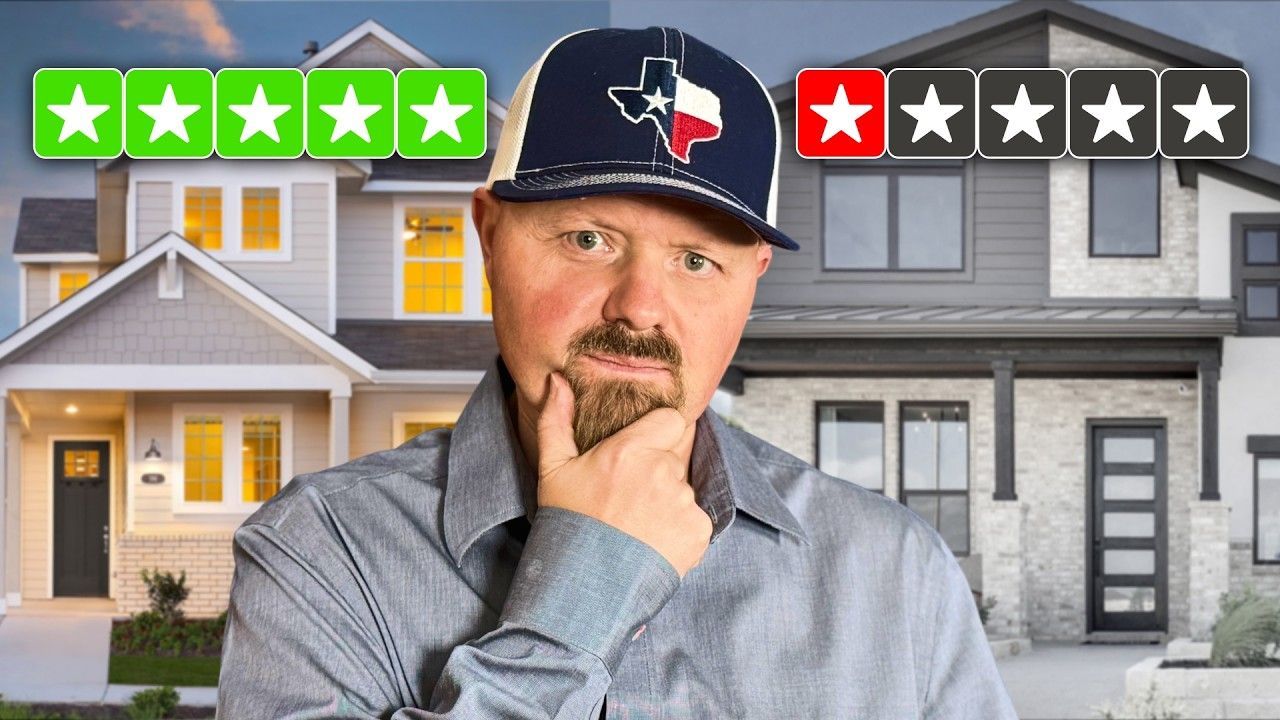 Man pondering, two houses behind him, one with a good review, the other a bad review.