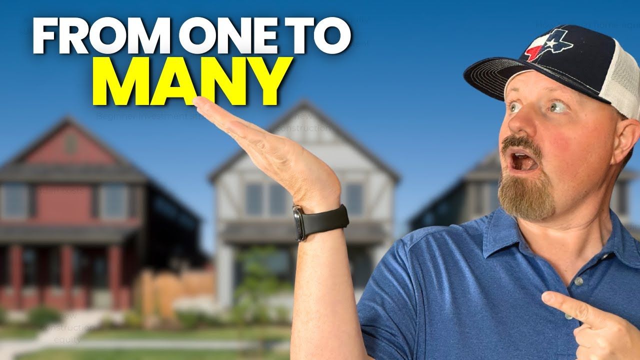 Man pointing to three houses, text