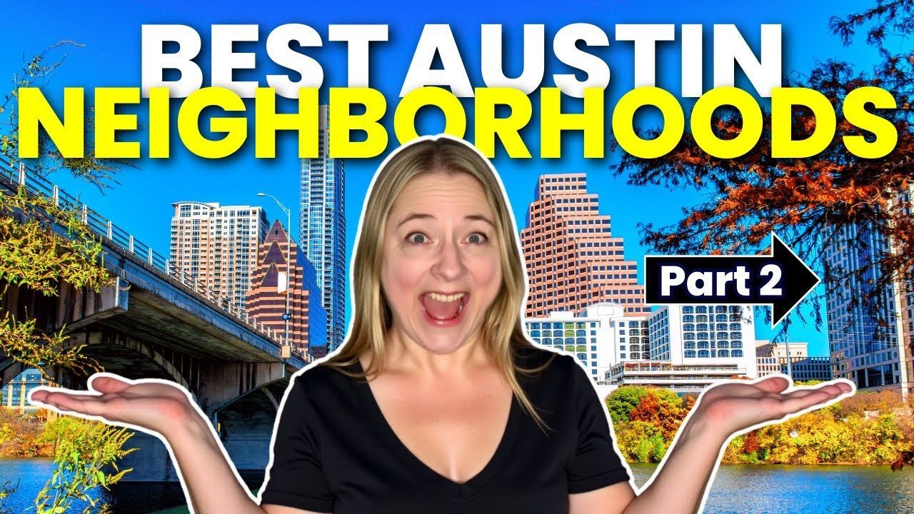 Woman with open arms in front of Austin skyline, title