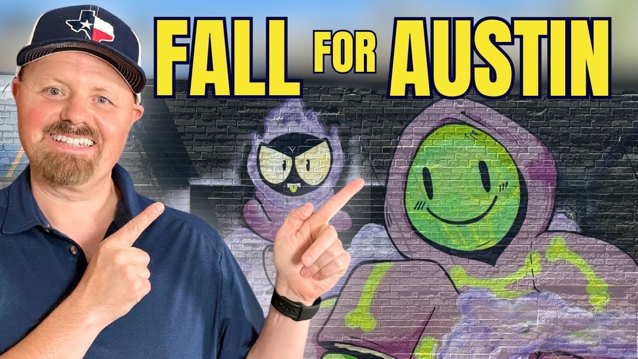 Man pointing at graffiti art in Austin. Title: