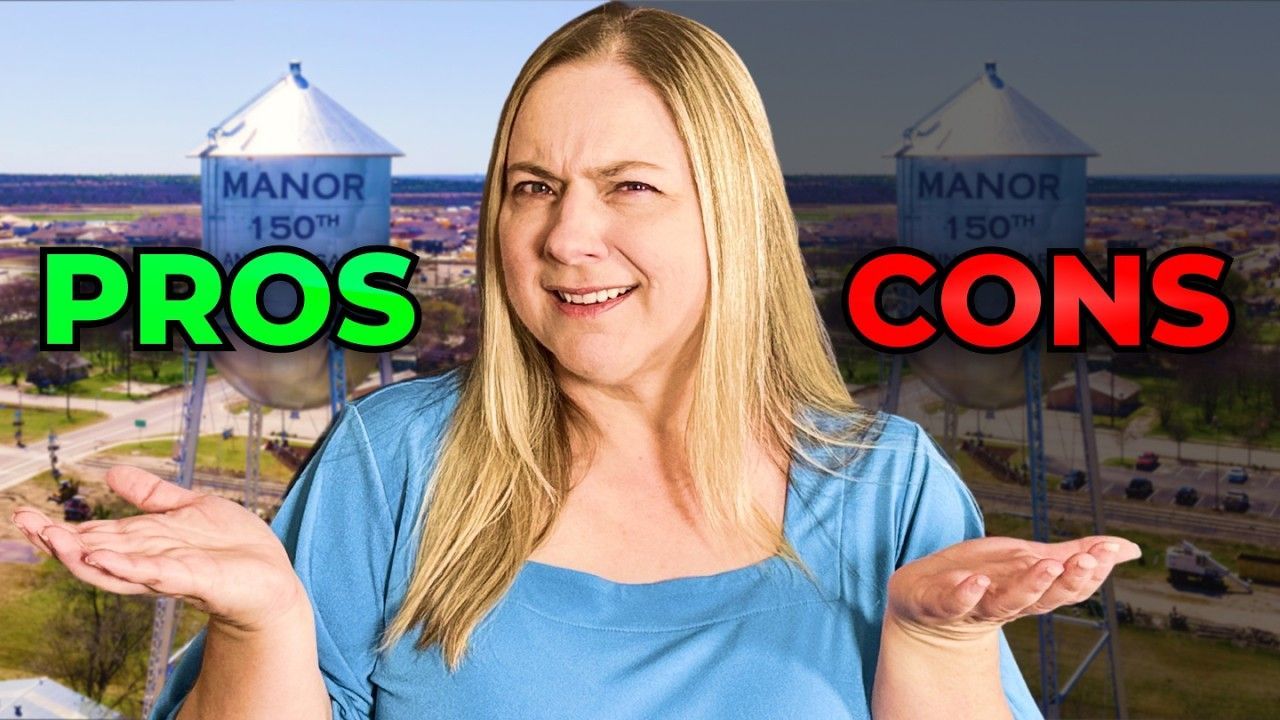 Woman in blue top gestures toward water towers, “Pros” and “Cons” text overlaid.