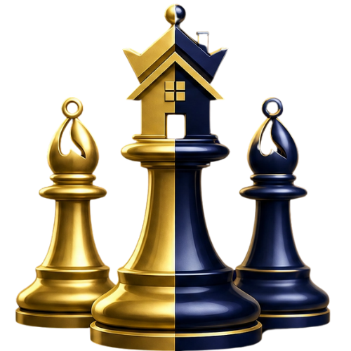 A group of chess pieces with a house on top of them.