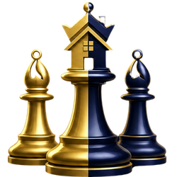 A group of chess pieces with a house on top of them.