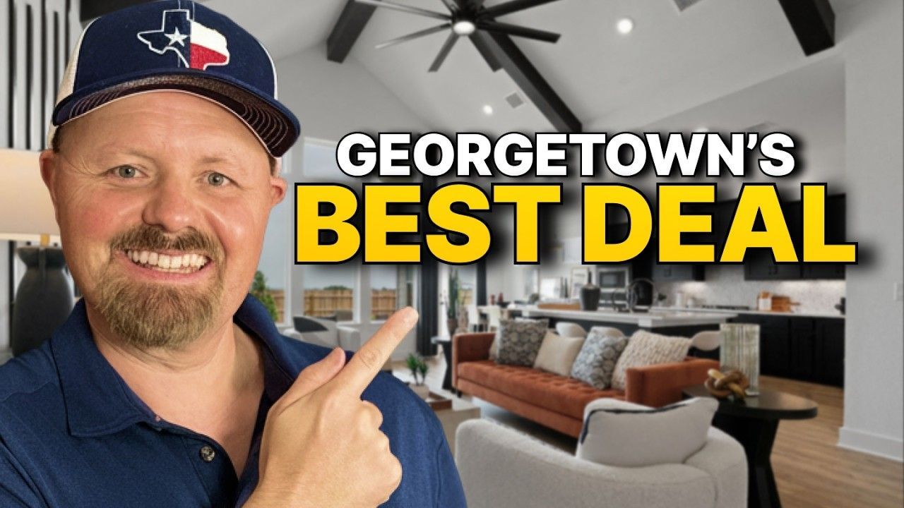 Man pointing at text “Georgetown’s Best Deal” over a bright living room interior