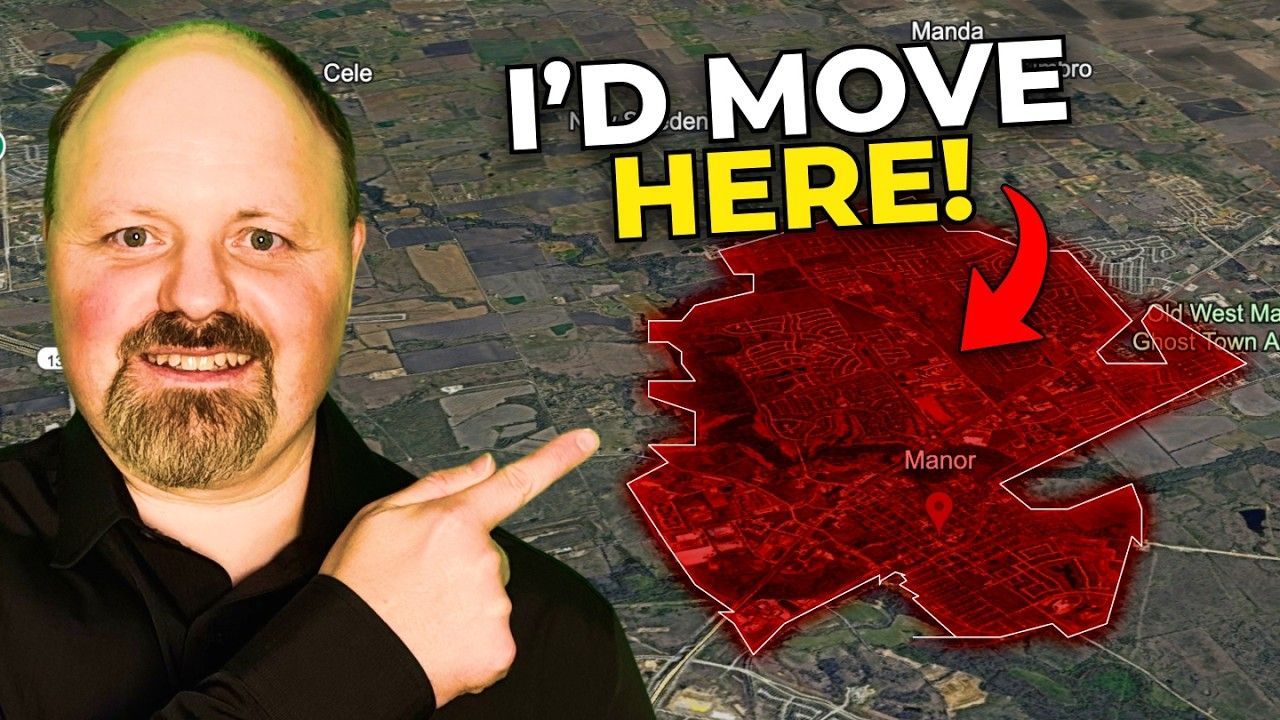 Man pointing at a red-outlined area on a map; text 