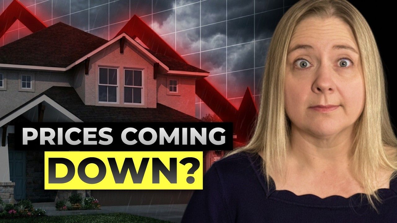 Text graphic of a house and a surprised woman with “PRICES COMING DOWN?” headline