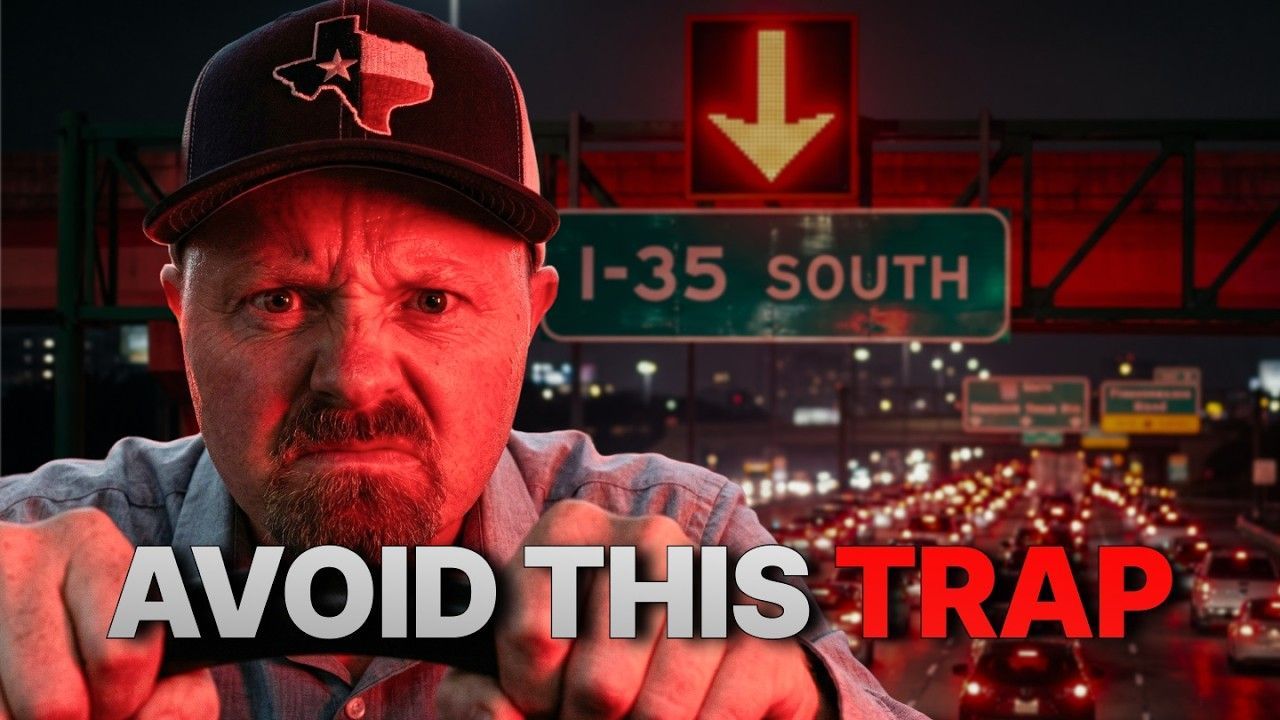 Man in black cap points at camera before I-35 South sign with red arrow and bold text “AVOID THIS TRAP”