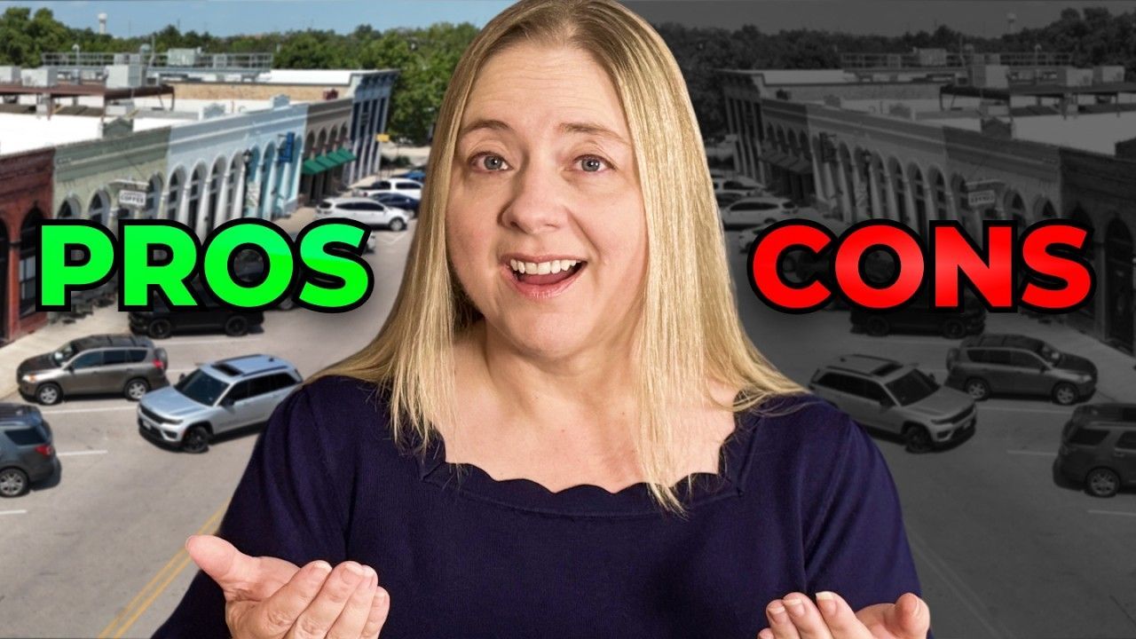Woman in front of streetscape with 