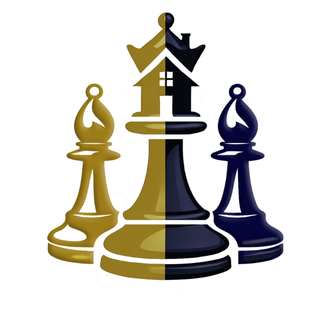 A group of chess pieces with a house on top of them.