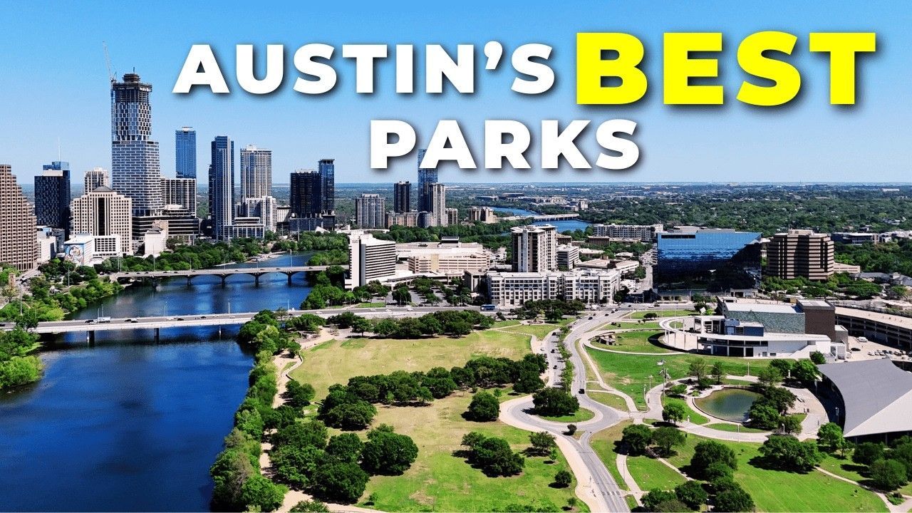 An aerial view of austin 's best parks with a city skyline in the background.