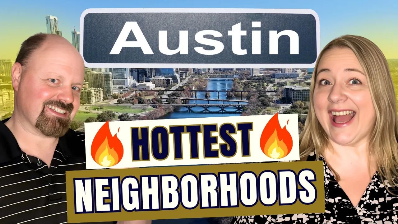 A man and a woman are standing in front of a sign that says austin hottest neighborhoods