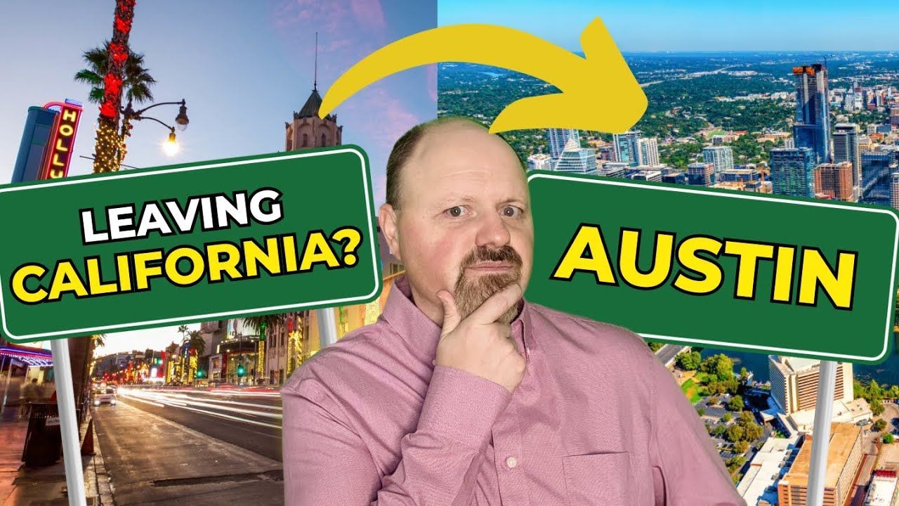 A man is standing in front of a sign that says leaving california and austin