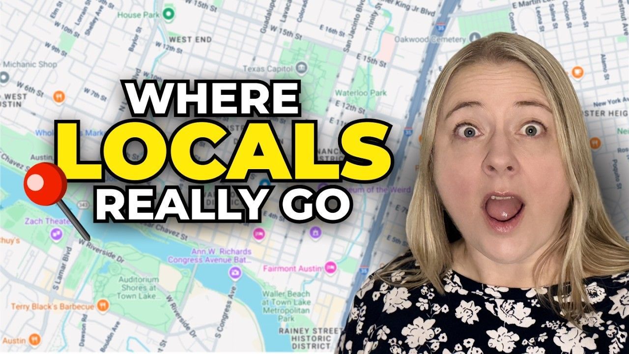 A woman is standing in front of a map with the words `` where locals really go '' written on it.