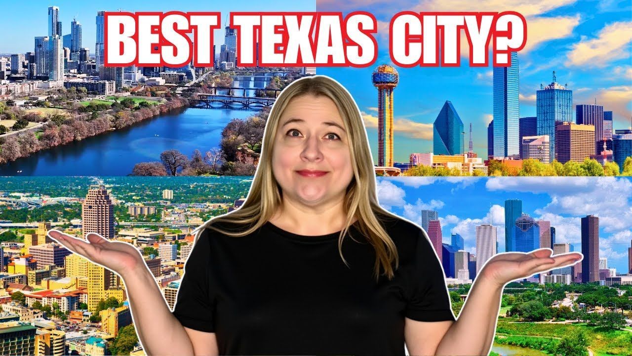 A woman is standing in front of a picture of a city and the words `` best texas city ''.