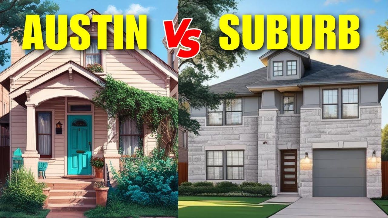 A picture of a house in austin and a picture of a house in suburbs