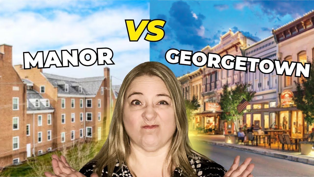 A woman is standing in front of a manor and a georgetown building.