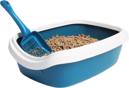 A blue and white litter box with a blue scoop
